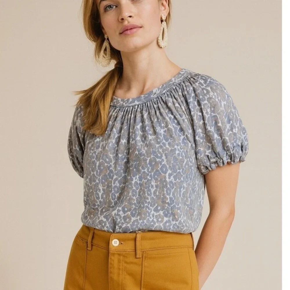 Maeve Anthropologie Leopard Puff Sleeve 100% Linen Top Size S